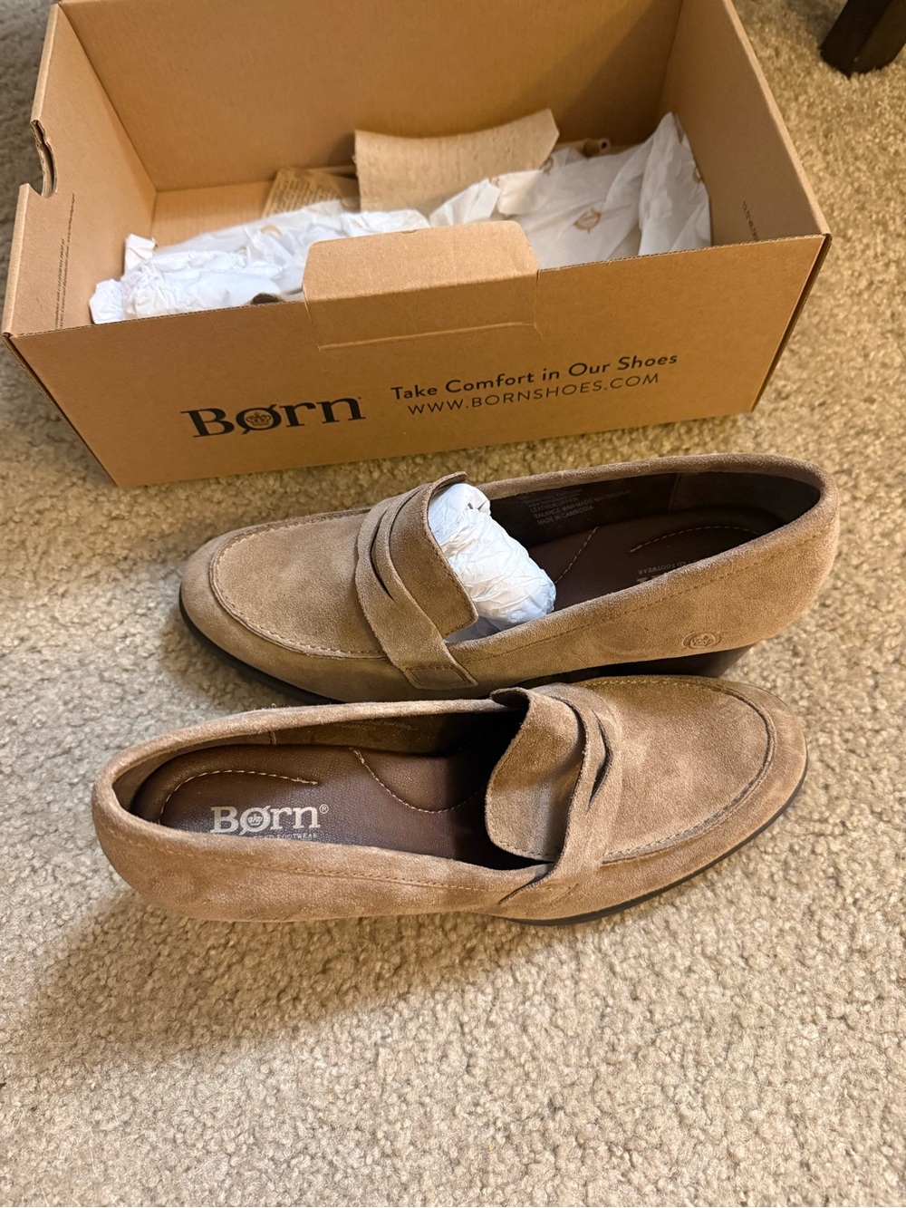 BORN Suede Tan Chunky Heel Loafers Sz 9 - Picture 2 of 5